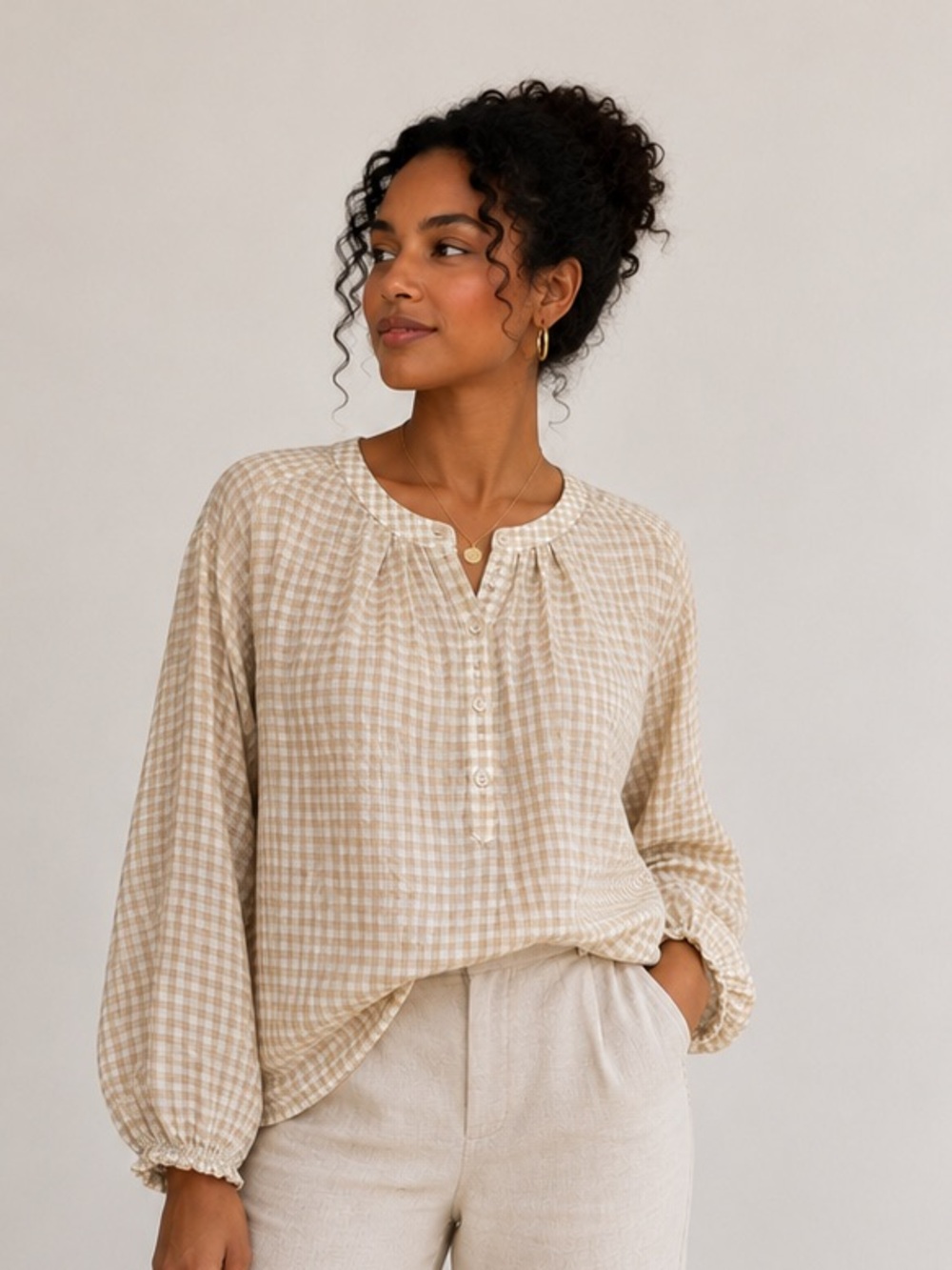 Max Studio Beige Gingham Button-Front Peasant Top